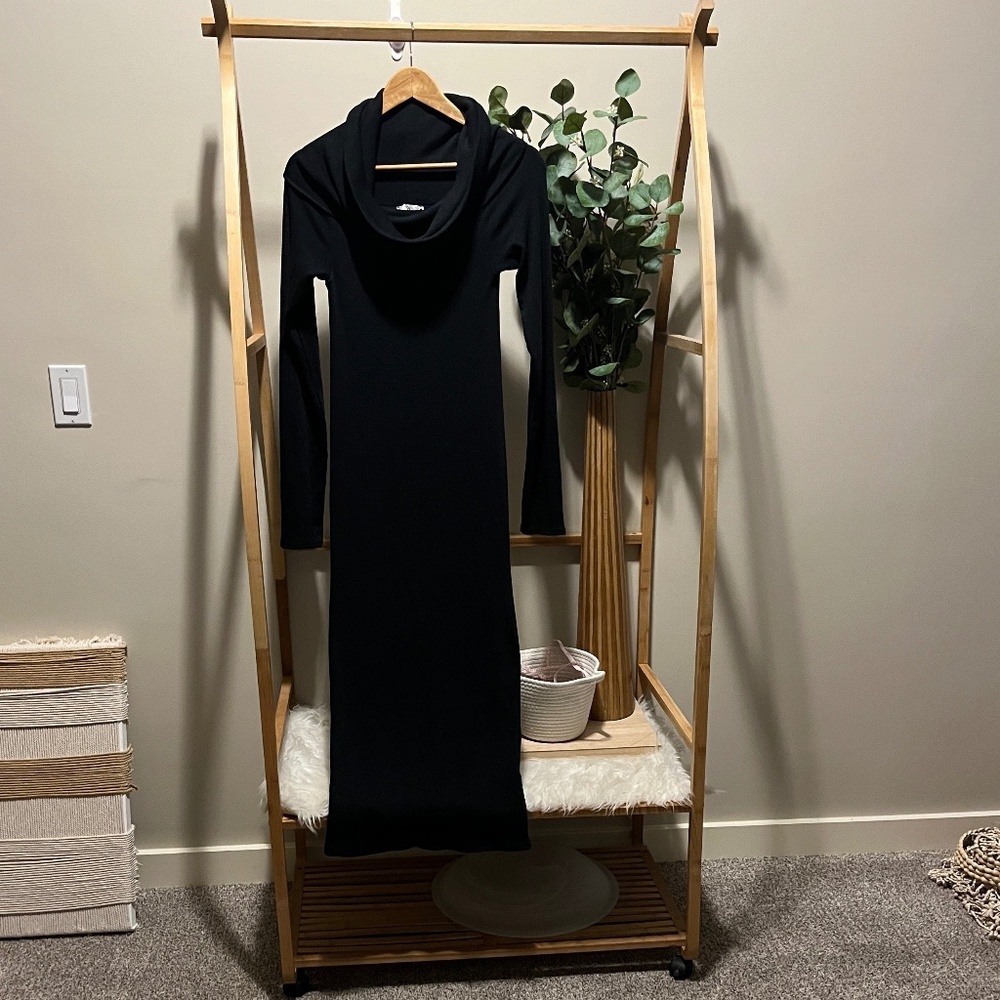 Zara Black Bodycon Super Maxi Crowl Neck Long Sleeve Dress a265